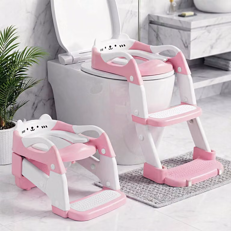 Seggiolino per WC per bambini con scaletta, 2 in 1, ideale per l'addestramento, regolabile in altezza, cuscino in PVC, antiscivolo, rosa