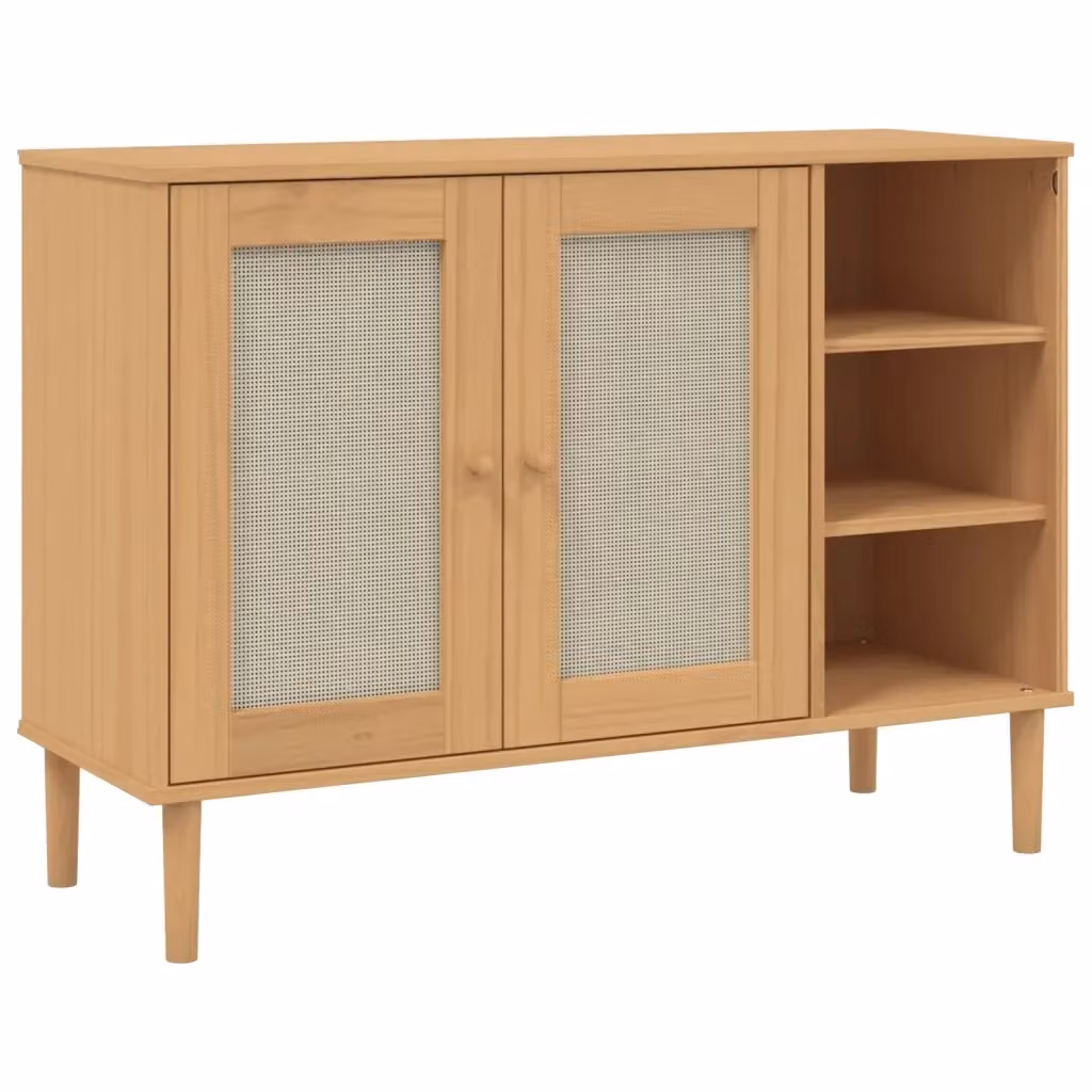 Credenza Buffet Senja Design Mania in Legno Massello di Pino con Dettagli in Rattan, Colore Marrone e Beige, L 112 x P 40 x H 80 cm – 2