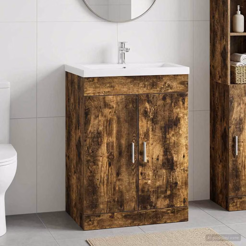 Mobiletto da bagno sotto lavabo vidaXL in rovere fumo con ante a battente, L: 78,5 cm, P: 37,5 cm, H: 81 cm