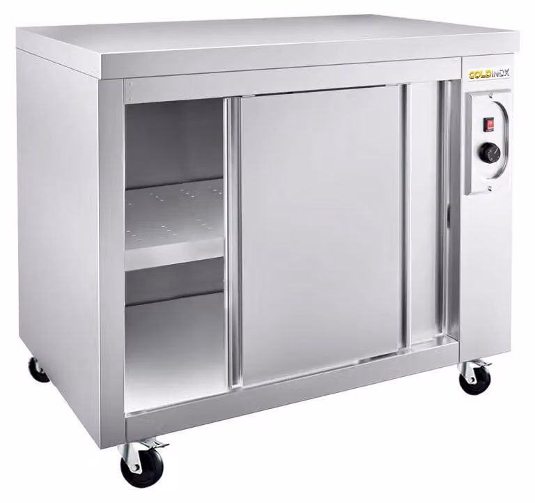 Mobile riscaldato in acciaio inossidabile, modello base, dimensioni 1200x700 mm, con ruote, PREMIUM - GOLDINOX