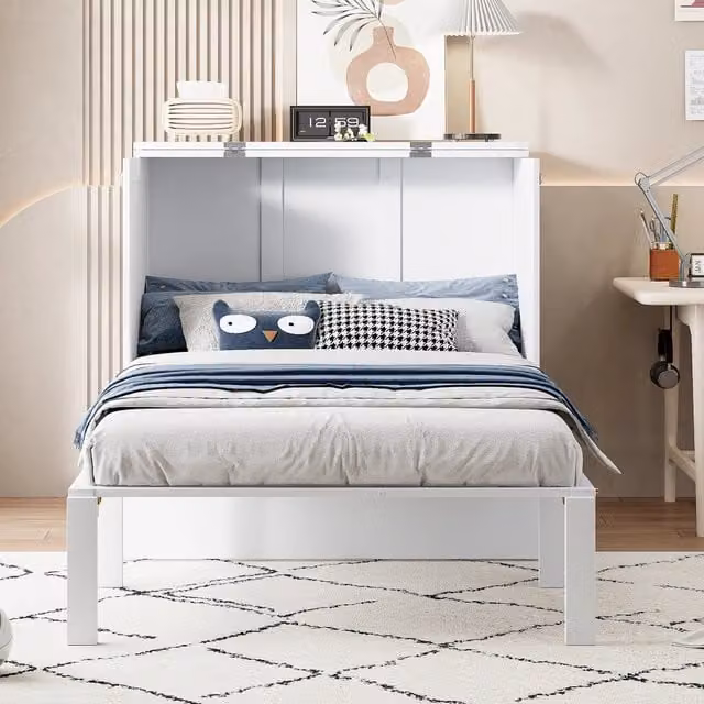 Letto a scomparsa verticale Mivray bianco con vani laterali e piano d'appoggio in legno e metallo L/P/H: 205 x 90 x 41,7 cm