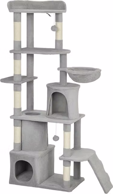 Albero Tiragraffi per Gatti PawHut con 2 Casette, Amaca e Pali in Sisal, Grigio, L 60 x P 40 x H 170 cm