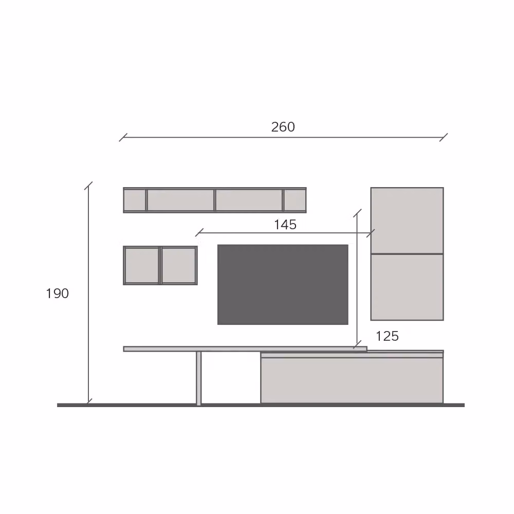 Parete Attrezzata Infinity 2A Redokasa Made in Italy con Base TV e Mensola T, Design Moderno per Soggiorno, Cucina o Sala da Pranza, Colore Argilla/Bronzo/Cadiz, L: 260 cm, H: 190 cm, P: 40 cm – 2