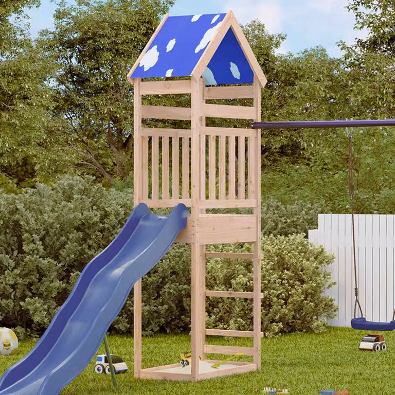 vidaXL Torre da Gioco in Pino Massello Marrone e Blu con Scivolo e Altalena, L/P/H: 52,5 x 85 x 265 cm