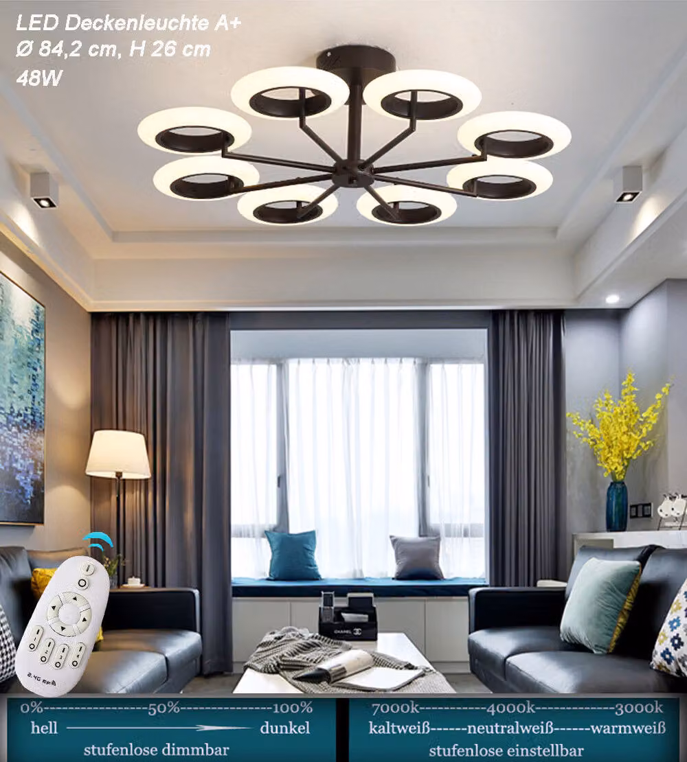 Plafoniera LED 9012X-8-kf color caffè con telecomando Colore della luce/luminosità regolabile Paralume in acrilico A+ Luce LED da soggiorno