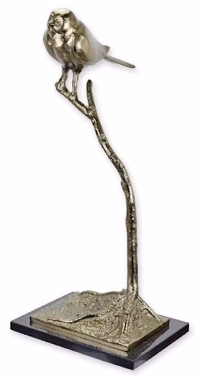 Casa Padrino scultura decorativa in alluminio uccello su ramo argento / nero 25,8 x 25,5 x h. 54,8 cm - Figura decorativa in alluminio con base in marmo - Decorazione per il soggiorno - Decorazione per la scrivania