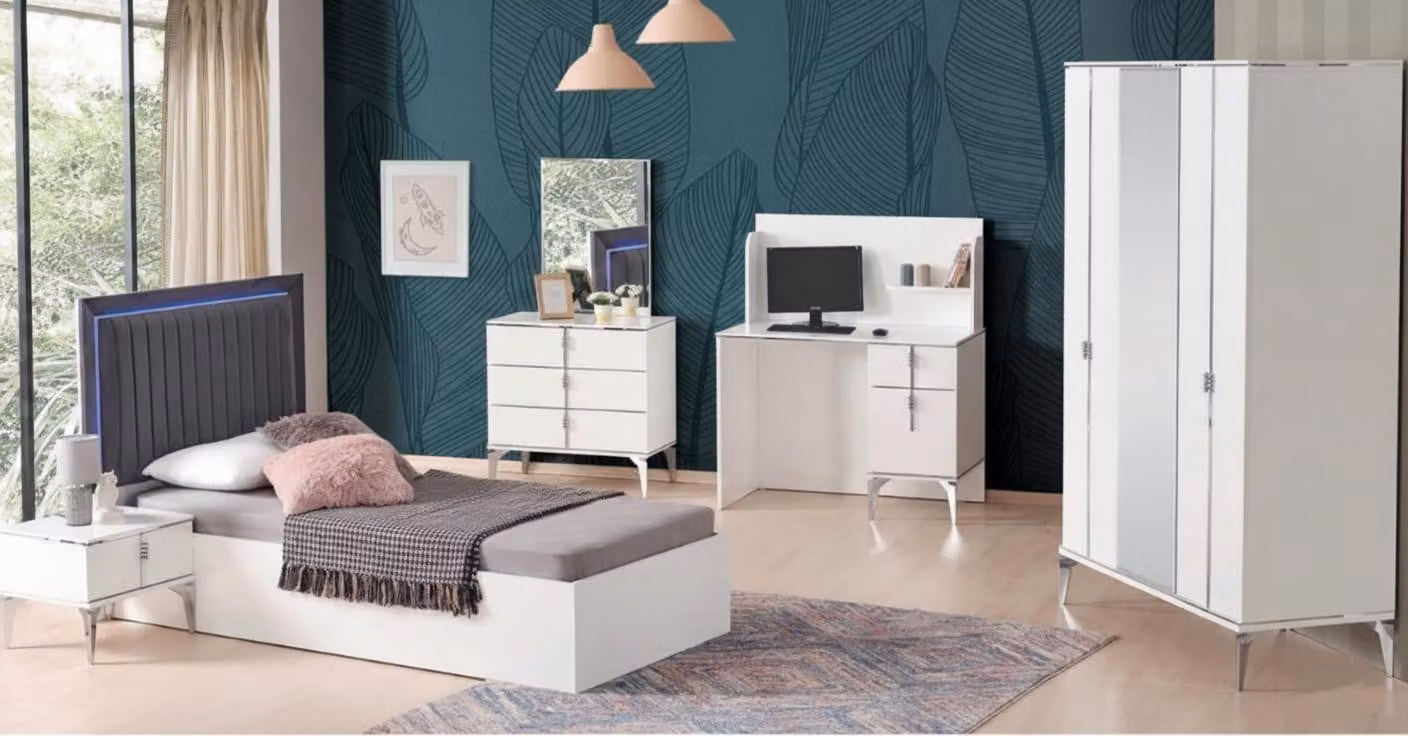 Set per camera da ragazzo, 5 pezzi – letto elegante, armadio, tavolo e scrivania