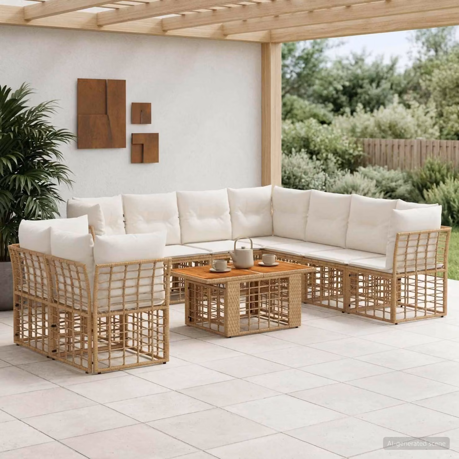 Set Divano da Giardino vidaXL 10 Pezzi in Polyrattan con Tavolino e Cuscini, Colore Naturale e Bianco Crema, Forma a U con Struttura in Legno di Acacia