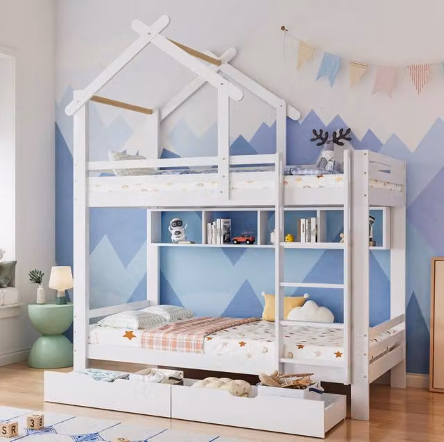Letto a castello a casetta 90x200 cm con cassetti e ripiani; pino e MDF; bianco