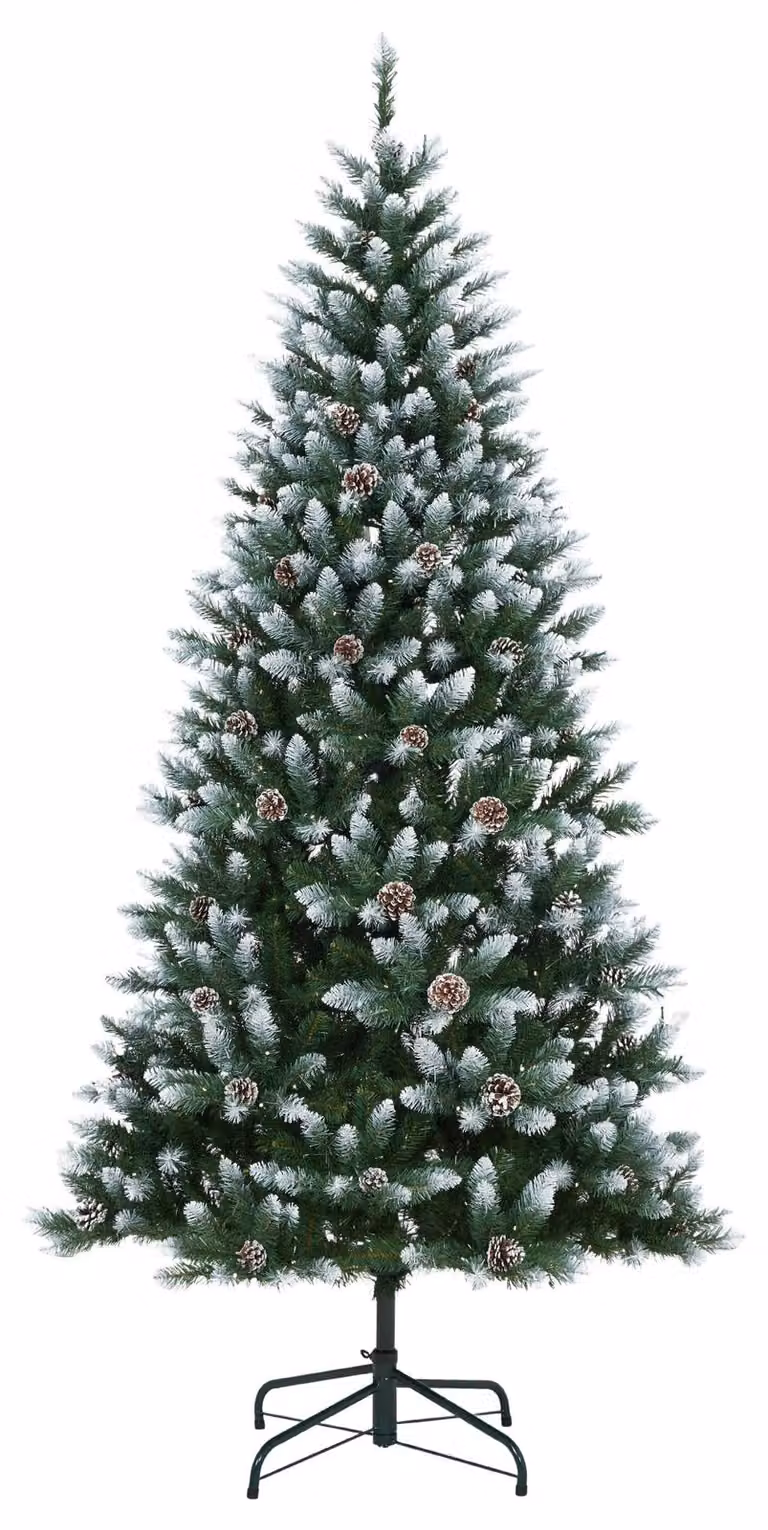 Albero di Natale artificiale, innevato, altezza 225 cm (7.5 piedi). Albero denso, con aspetto di abete/pino, decorato con pigne naturali e punte di aghi innevate. Montaggio a cerniera, con supporto in metallo