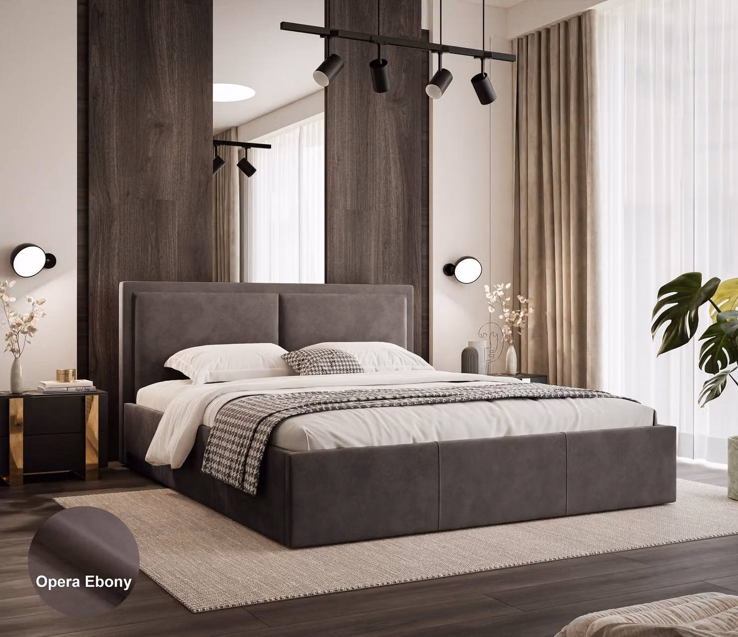 Letto imbottito Sofello 160x200 in velluto marrone ebano, con struttura a doghe in legno e vano contenitore.