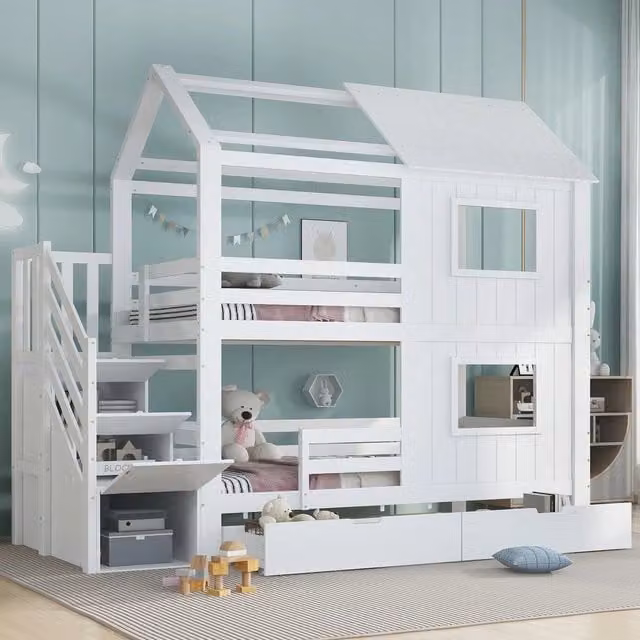 Letto a Castello Bambini con Scala e Cassetti ¨C Xylo ¨C Pino/MDF, Bianco, 90x200