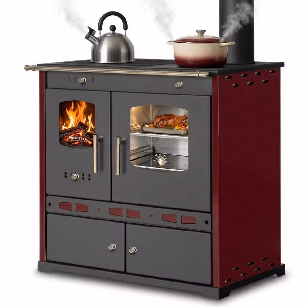 Fornello a legna ECO LUX INOX, forno in acciaio inossidabile, bordeaux, versione destra