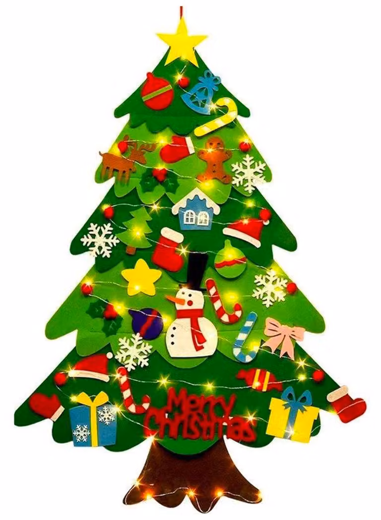 Albero di Natale in feltro con catena di luci a LED e 32 decorazioni, ideale per l'arredamento domestico