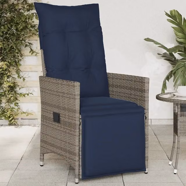 Sedia da giardino reclinabile vidaXL in polyrattan con cuscini grigi e blu e braccioli – 1