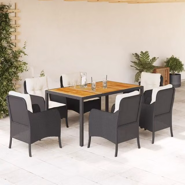 Set da Pranzo da Giardino 7 pz Nero con Cuscini in Polyrattan 3211863