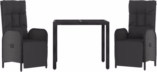 Set da pranzo da esterno Outsunny a 3 pezzi in polyrattan nero con piano in vetro e cuscini