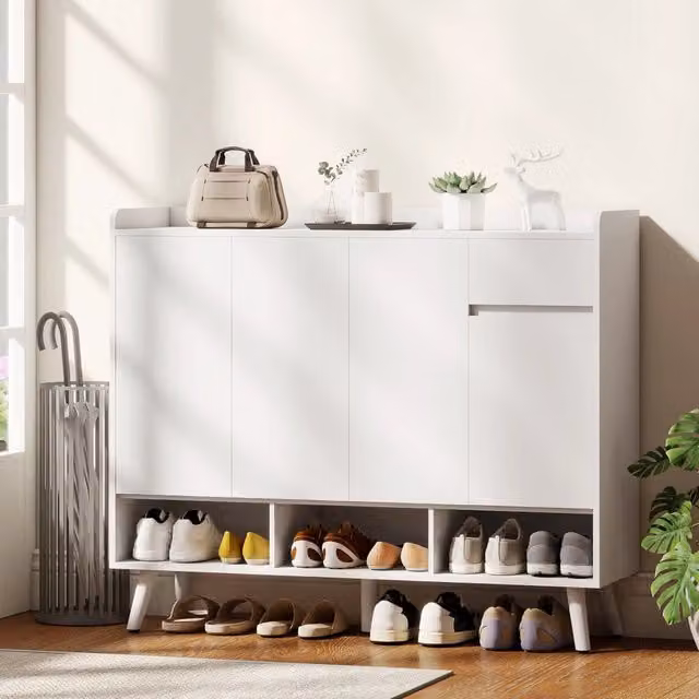Scarpiera MDF bianca 120×35×100 cm, ante push‑open, ripiani regolabili, cassetto, kit antiribaltamento per ingresso