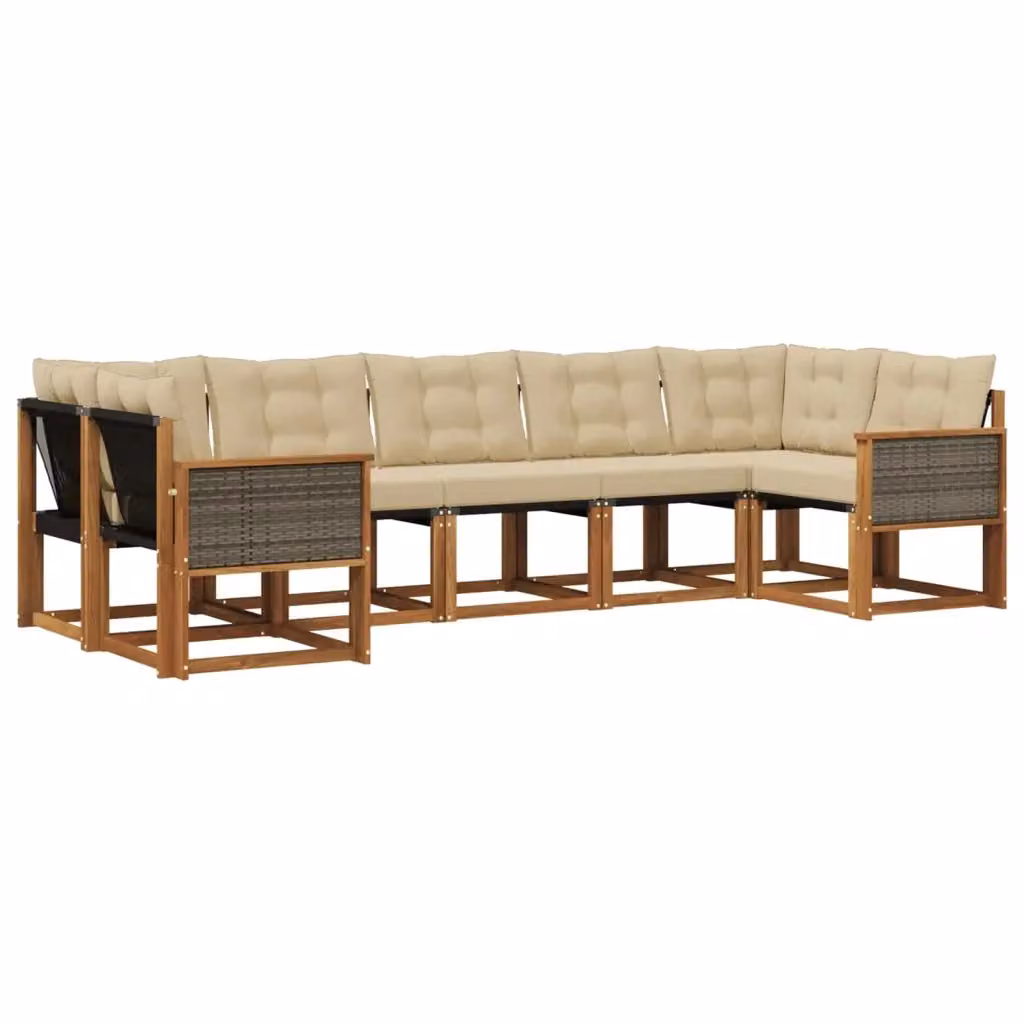 Set di divani da esterno vidaXL a forma di L composto da 7 pezzi in legno di acacia e tessuto beige e marrone con cuscini inclusi – 2