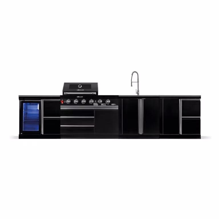 Cucina da esterno GORILLER® BLACKBACK L4, barbecue a gas con frigorifero, lavello, piano di lavoro supplementare e spazio di archiviazione, acciaio inox, nero