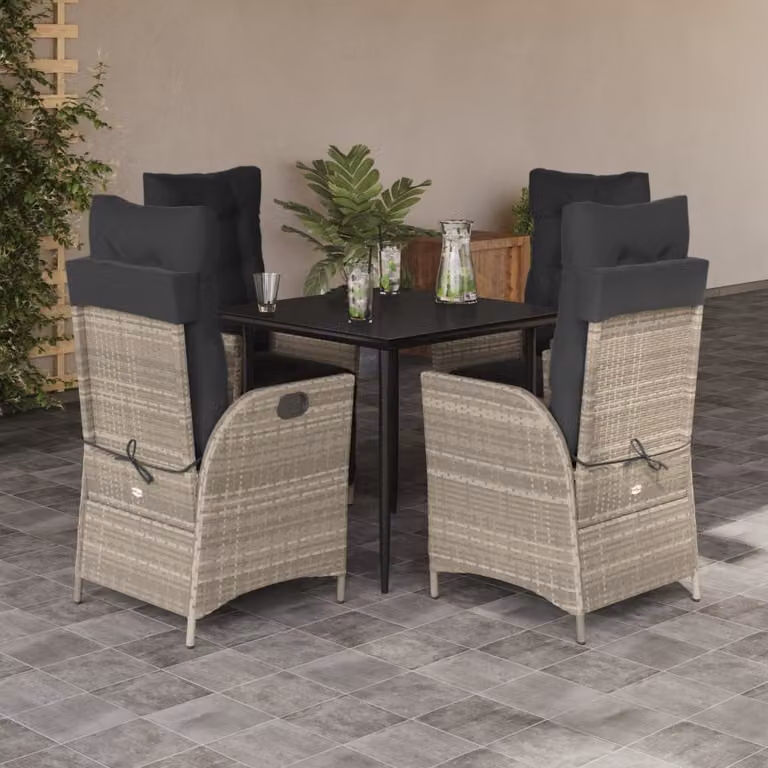 Set Pranzo da Giardino vidaXL in Polyrattan con Tavolo in Vetro e 5 Sedute con Cuscini Grigio Chiaro
