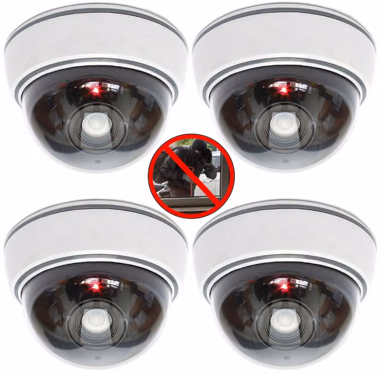 Set di 4 telecamere finte a cupola – Telecamera di sicurezza finta con LED lampeggiante, impermeabile, diametro 9,5 cm, altezza 6,8 cm