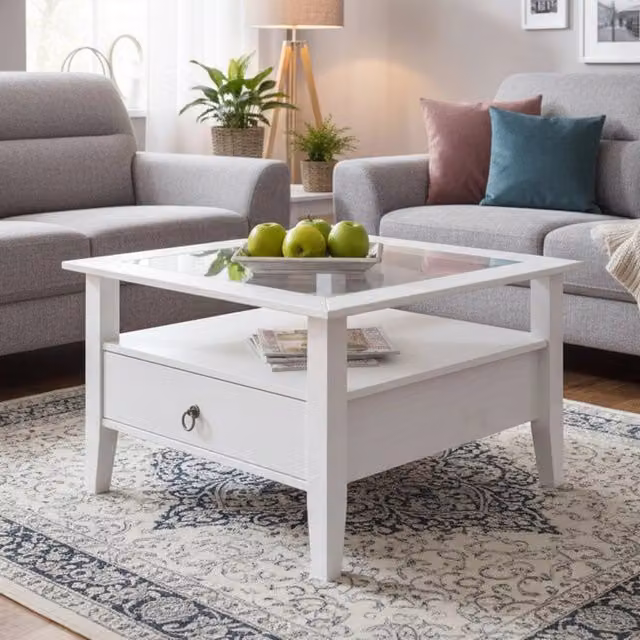 Tavolino da salotto DMORA Tiglieto con un cassetto, bianco, L/P/H: 75 x 75 x 45 cm – 1
