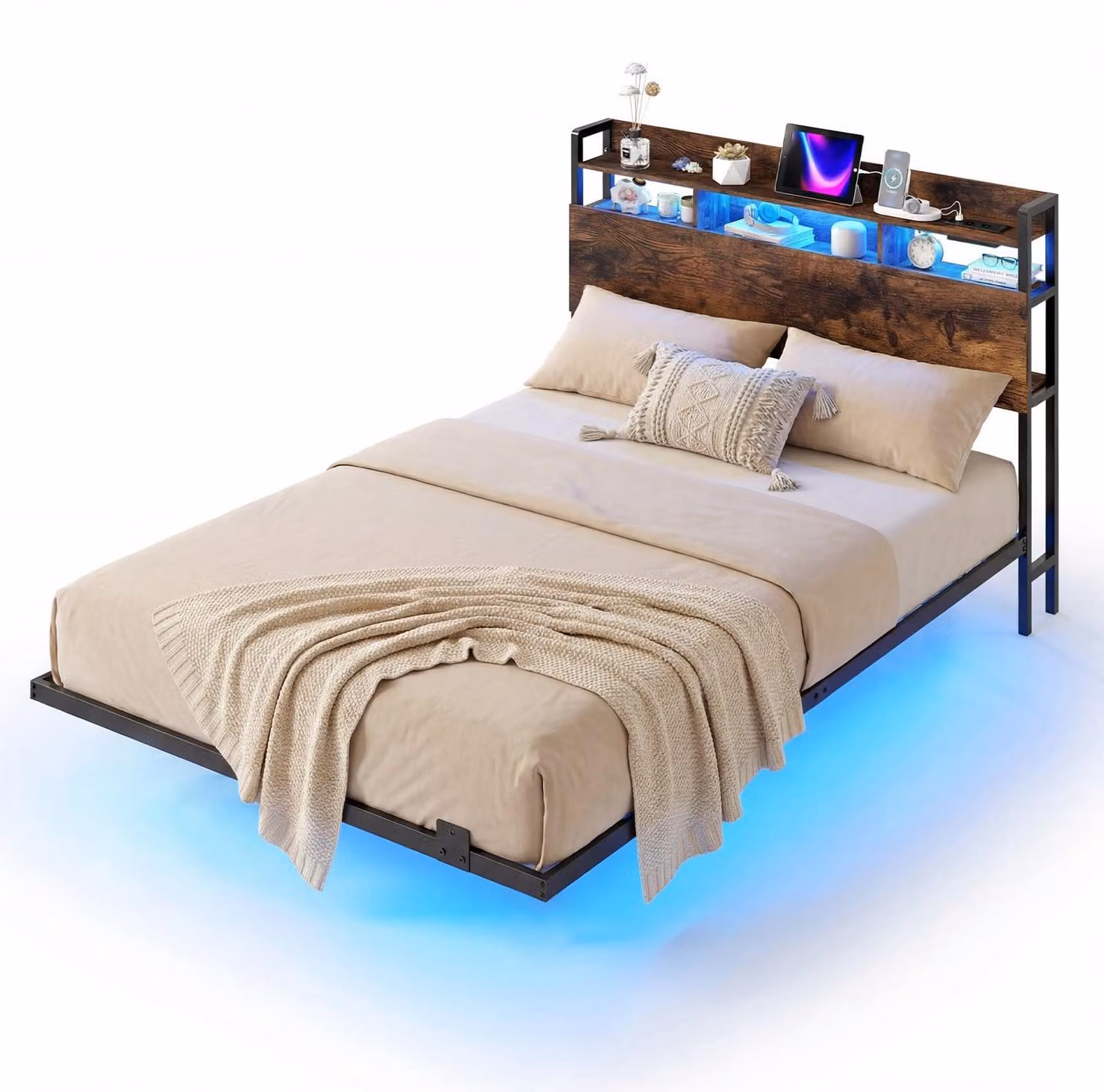 Struttura letto sospesa con luci a LED, testiera con contenitore e porte USB.