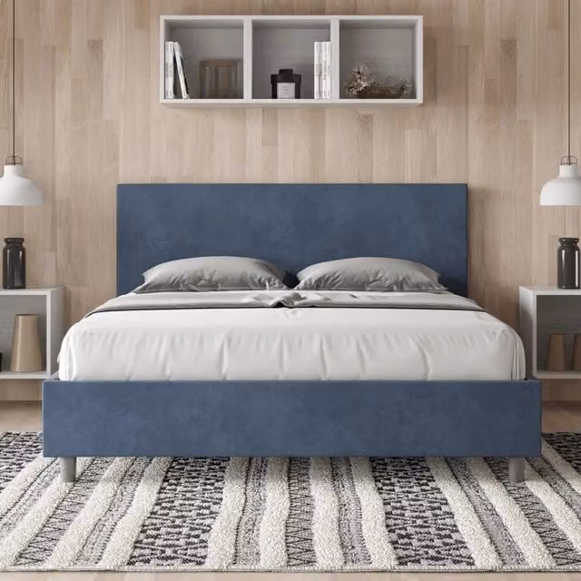 Letto queen size con rete imbottito 150x190 microfibra blu Adele