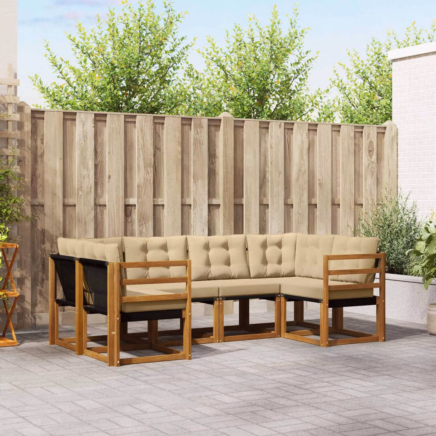 Set di divani da esterno vidaXL 6 pz in legno di acacia con cuscini beige e marrone a forma di L per giardino e terrazza