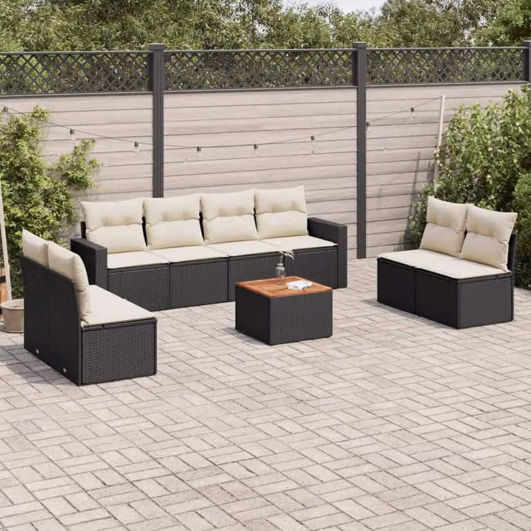 vidaXL Set Divani da Giardino 9 pz in Polyrattan Nero con Cuscini e Tavolino