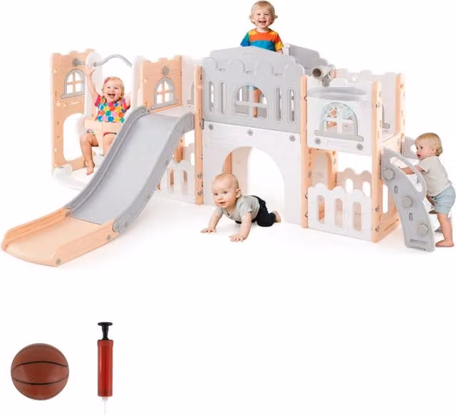Spazio per riporre con canestro da basket telescopio volante corridoio-Set altalena e scivolo 10 in 1 per bambini da interno Grigio