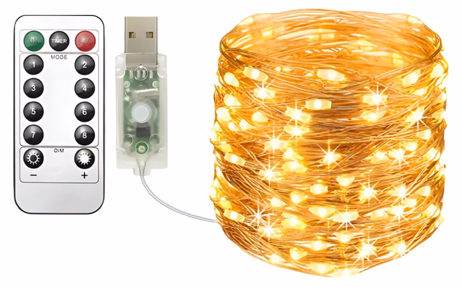 Catena luminosa USB, 20 metri, 100 LED, luce bianco caldo, dimmerabile, con telecomando