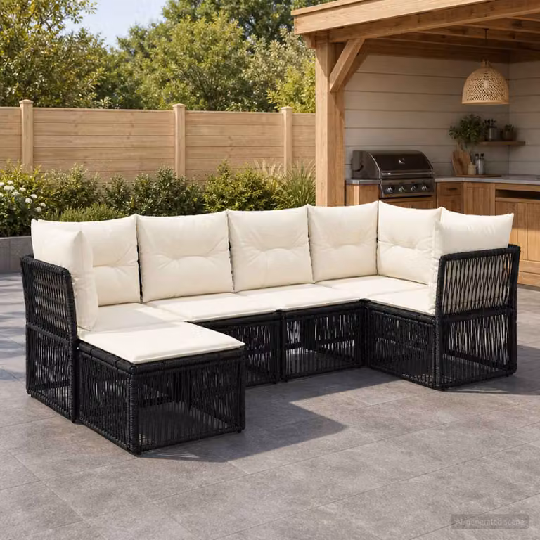 Set Divano da Giardino vidaXL 6 pz a Forma a L con Poltrona e Ottoman in Polyrattan Nero e Struttura in Acciaio Verniciato a Polvere con Cuscini Inclusi
