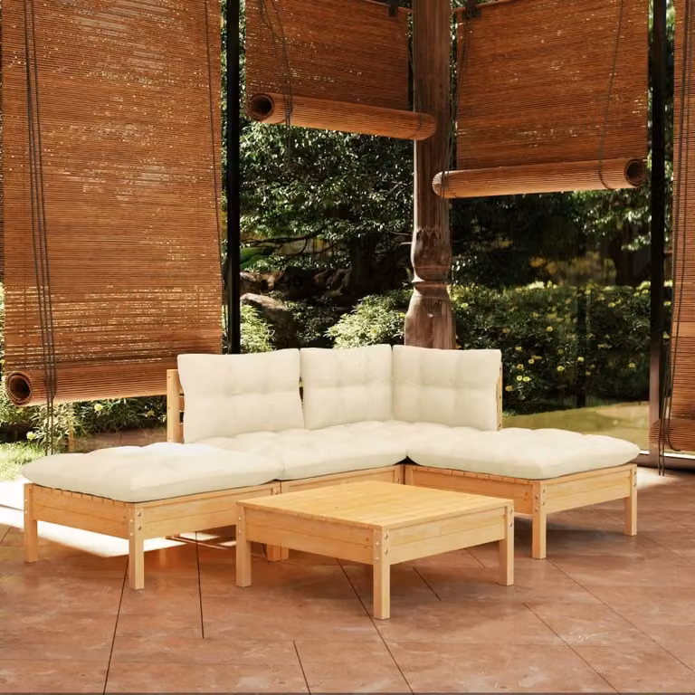 The Living Store Set salotto da giardino 5 pezzi con cuscini crema legno di pino