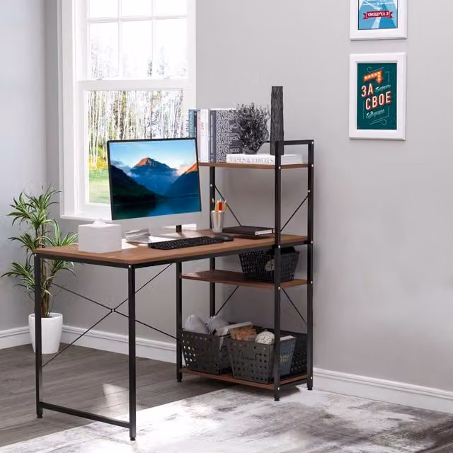 Scrivania angolare con libreria Xylo in legno e metallo, colore marrone e nero, L: 121 cm, P: 64 cm, H: 40 cm – 1
