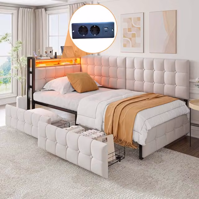 Divano letto singolo 90x200 imbottito beige con cassetti e LED