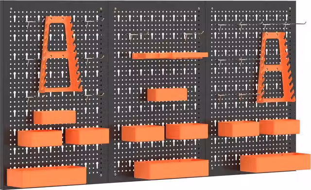 Organizzatore da parete per utensili HOMCOM in acciaio con 33 pezzi, ganci, contenitori e ripiani, L: 120 cm, H: 60 cm, Nero e Arancione