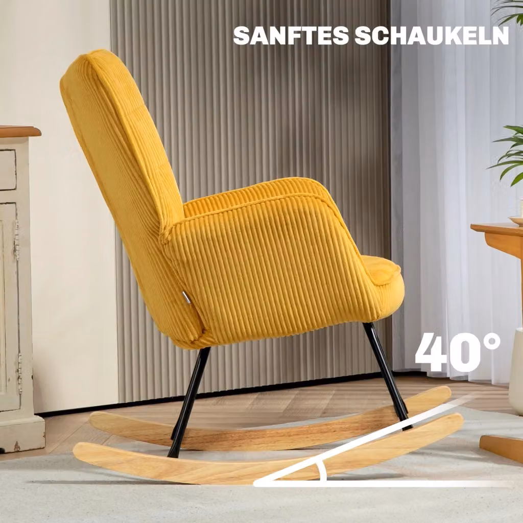 Poltrona a dondolo OKWISH in velluto a coste giallo con struttura in metallo e legno di faggio, schienale alto e braccioli, L: 71 cm, P: 101 cm, H: 98 cm – 2