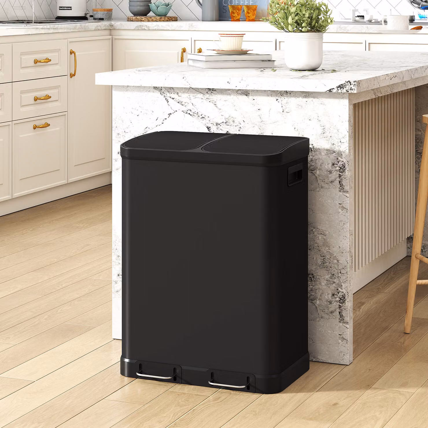 Pattumiera da cucina HOMCOM in acciaio inox nero con pedale e chiusura ammortizzata, 2x30 L – 2