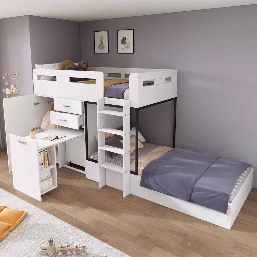 Letto a castello multifunzione REDOM per bambini con scrivania estraibile e cassetti, realizzato in MDF bianco e nero, L/P/H: 90 x 200 cm – 2