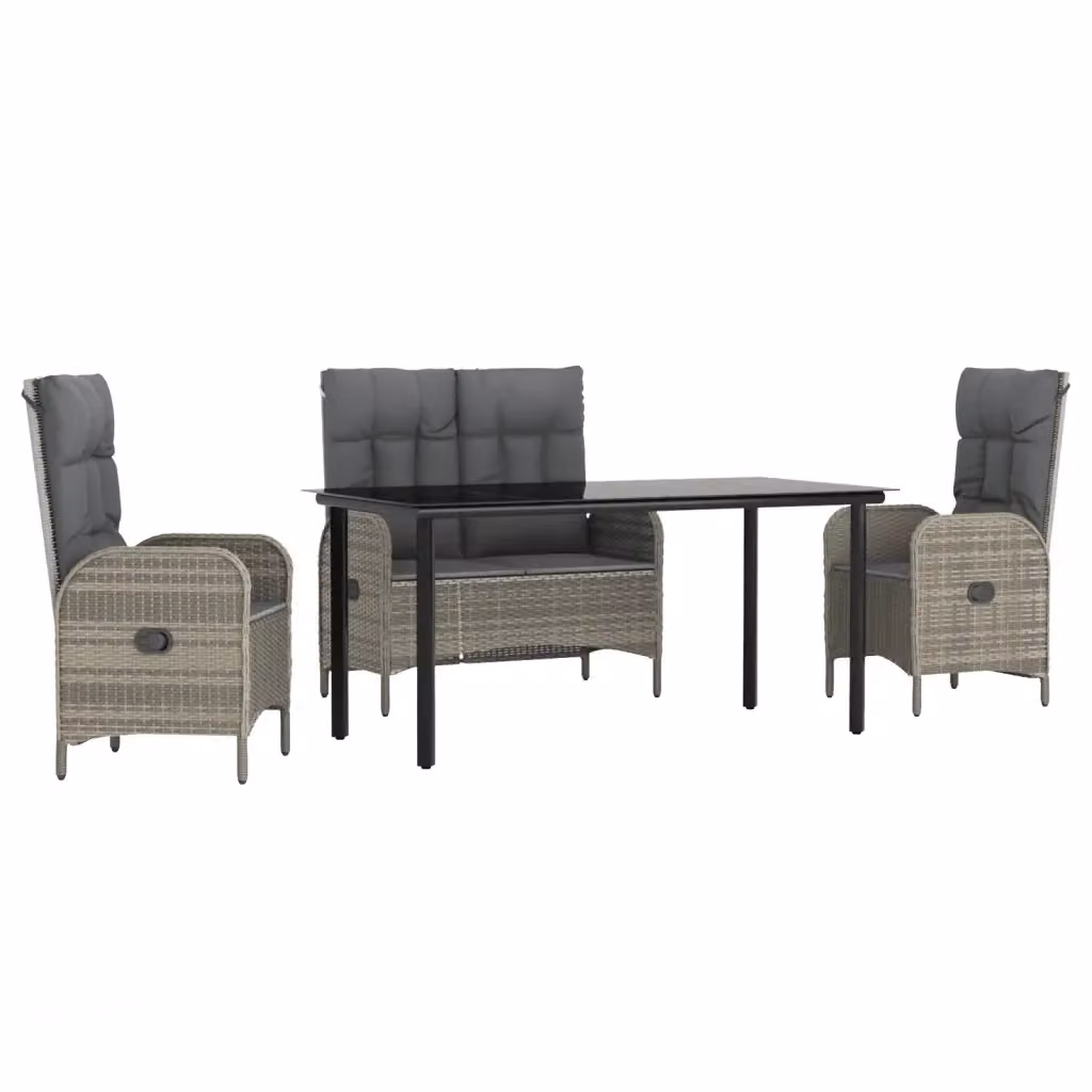 Set da Pranzo da Giardino 4 pz vidaXL in Polyrattan e Metallo con Piano in Vetro e Cuscini Grigio e Nero – 2