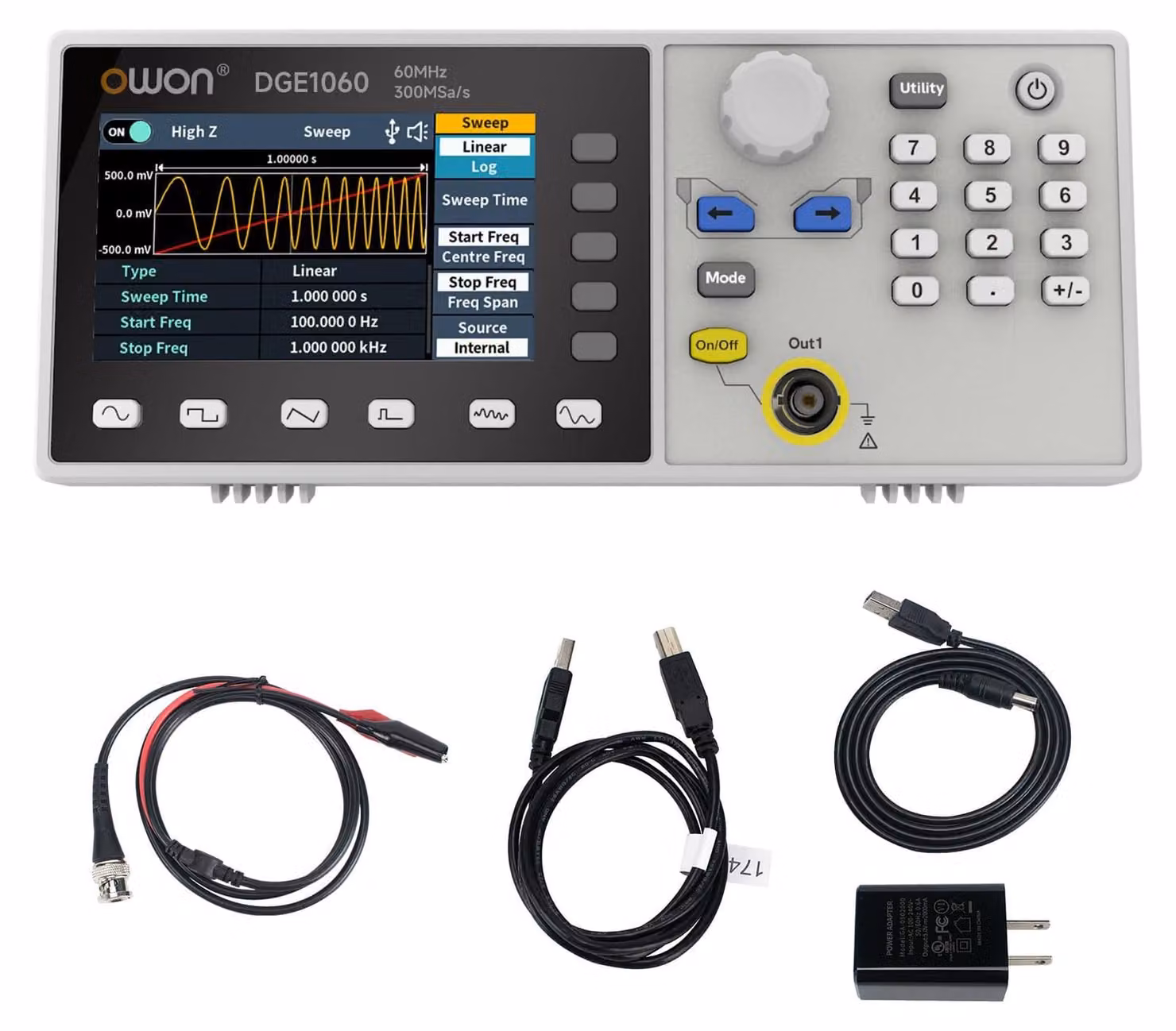 Generatore di forme d'onda da 60 MHz, 300 MSa/s, 14 bit, 8 k, con 5 + 160 forme d'onda preimpostate