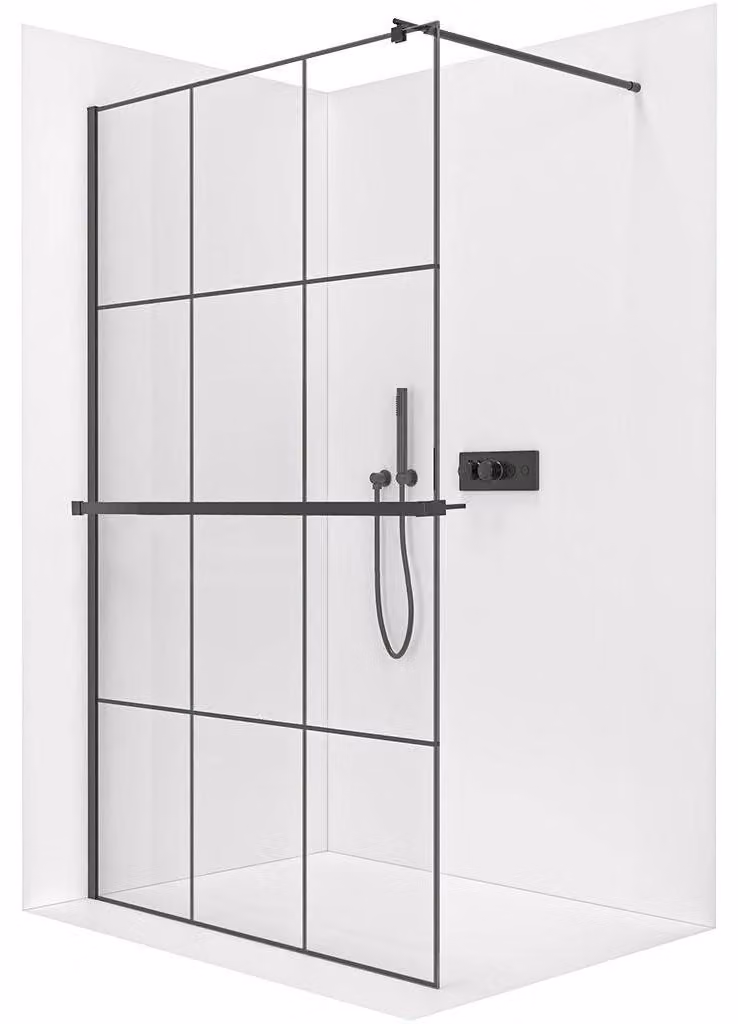 CERANO - Box doccia Walk-in Onyx Round L/P - 8 mm + mensola/portasciugamani - montante rotondo - nero opaco, vetro industriale - 110x200 cm