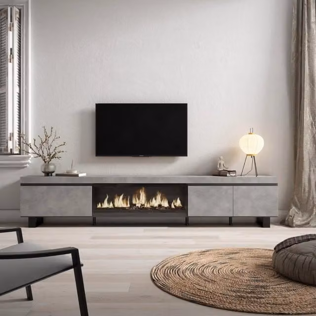 Mobile TV Soggiorno, 288x35x57cm, TV di grande formato, Camino elettrico XXL, Design industriale, grigio cemento RF3618