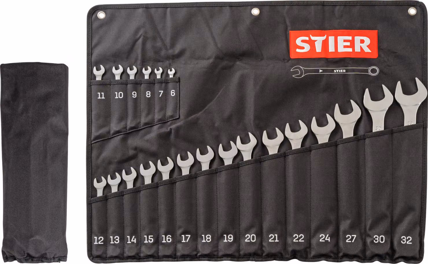 Set di chiavi combinate STIER, SW 6 - 32 mm, 21 pezzi, in acciaio al cromo vanadio di alta qualità, finitura cromata opaca, profilo 12H, con borsa di custodia