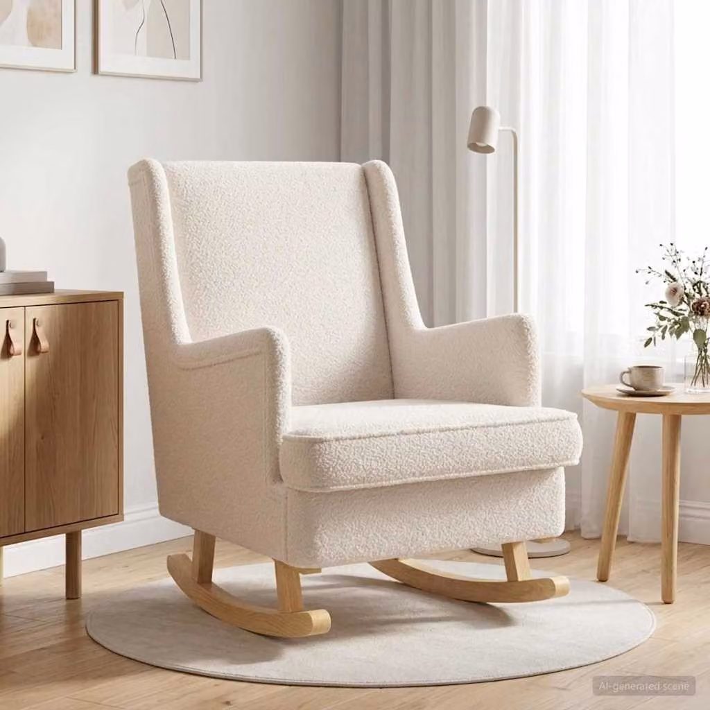 Sedia a dondolo moderna vidaXL in tessuto bouclé beige con braccioli, L: 62 cm, P: 80 cm, H: 85 cm