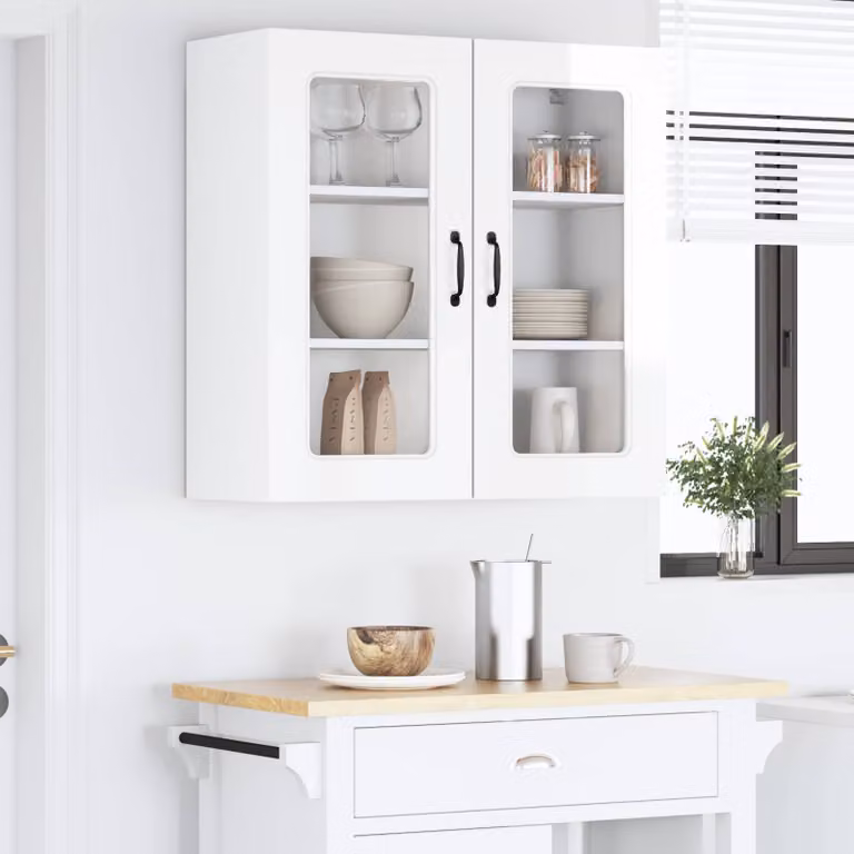 vidaXL Pensile da cucina Kalmar Bianco Lucido con ante in vetro e ripiani interni L/P/H: 80 x 31 x 80 cm