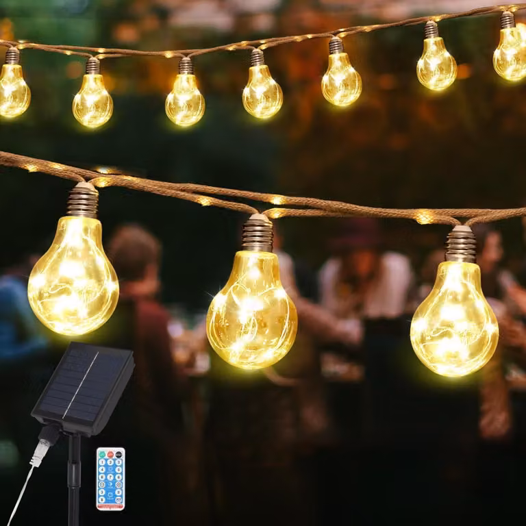 Salcar 5M LED Fairy Lights Outdoor Solar & USB 10 Bulb Vintage Hemp Rope Fairy Lights Outdoor Hanging Lights 8 Modes Waterproof Warm White