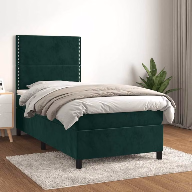 vidaXL Letto Ibrido con Giroletto a Molle e Materasso in Velluto Verde Scuro L/P: 100 x 200 cm